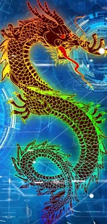 Vibrant dragon overlay on blue tech background