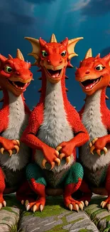 Three cheerful animated dragons in a lush landscape.