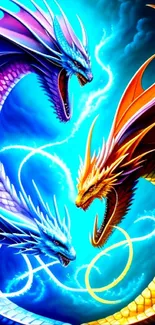 Vibrant trio of colorful dragons in a dynamic fantasy scene.