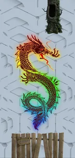 Colorful dragon on a geometric white background, perfect for vibrant mobile wallpaper.