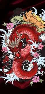 Vibrant red dragon with floral patterns on dark background.