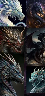 Vibrant dragon illustrations on a mobile wallpaper, featuring diverse colors and styles.