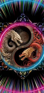 Vibrant yin-yang dragon design on black background with colorful accents.