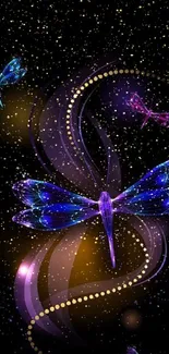 Vibrant digital art of neon dragonflies on a black background wallpaper.