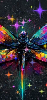 Vibrant dragonfly art on dark background with colorful wings.