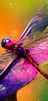 Vibrant dragonfly with colorful wings on a foliage background.