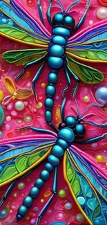 Vibrant dragonfly art on a pink background.