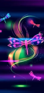 Colorful dragonflies with abstract swirls on a dark background.