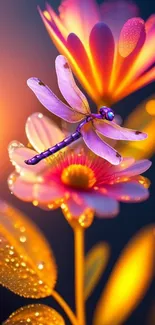 Vibrant dragonfly on bright flowers, digital art wallpaper.