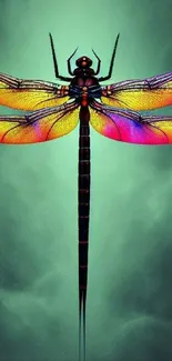 Colorful dragonfly artwork on teal background wallpaper.