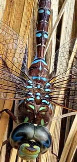 Close-up of colorful dragonfly perched on dry reeds, highlighting intricate wing details.