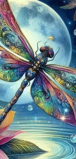 Fantasy art of a colorful dragonfly under a moonlit sky.