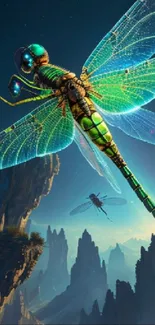 A glowing dragonfly soaring over a fantasy mountain landscape.