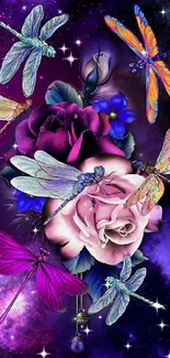 Vibrant galaxy wallpaper with dragonflies and flowers.