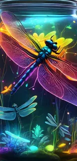 Vibrant dragonflies inside a glowing jar art.