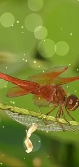 Dragonfly resting on a twig in a green, bokeh-filled background.