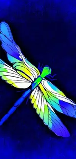 Vibrant neon dragonfly on blue background wallpaper.