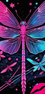 Vibrant neon dragonfly with pink and blue hues, embellished with stars and flowers.