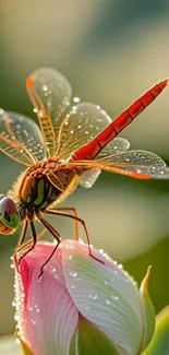 Dragonfly perched on a dewy blossom with vibrant colors.