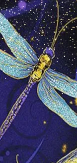 Blue dragonfly with purple background phone wallpaper.