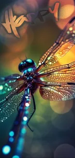 Vibrant dragonfly with glowing wings on a bokeh background.