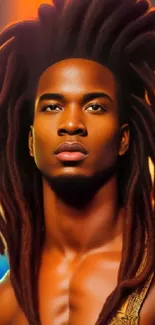 Vibrant portrait with bold dreadlocks and a colorful background.