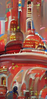 Dream cityscape with red abstract architecture, vibrant art.