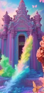 Colorful dream temple with vibrant hues and mystical butterflies.