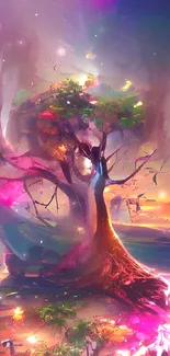 Vibrant dream tree with colorful surreal backdrop.