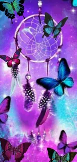 Dreamcatcher with butterflies on a purple galaxy background.