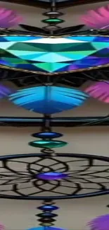 Colorful dreamcatcher with vibrant feathers.