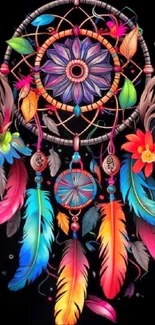 Vibrant dreamcatcher wallpaper with colorful feathers and floral details.