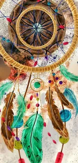 Colorful dreamcatcher with feathers and beads on a vibrant background.