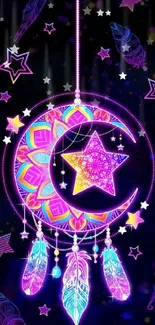 Colorful neon dreamcatcher with stars and feathers on a dark background.