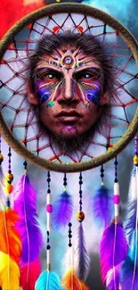 Vibrant dreamcatcher with colorful feathers and mystical designs on a mobile wallpaper.