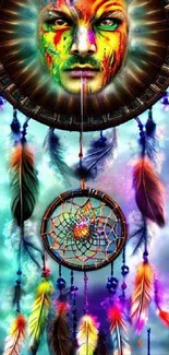 Vibrant dreamcatcher with colorful face and feathers on a mystical backdrop.