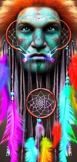 Colorful tribal face with dreamcatcher art and vibrant feathers.