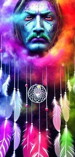 Colorful dreamcatcher artwork with vibrant feathers and mystical face.