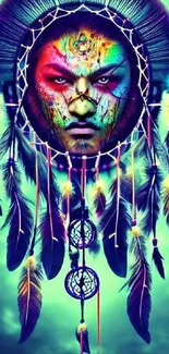 Vibrant artwork of a dreamcatcher with colorful feathers and mystical face.