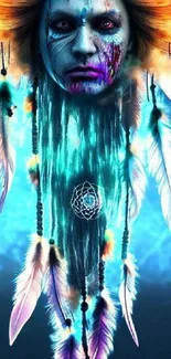 Vibrant dreamcatcher with feathers and mystical face in blue hues.