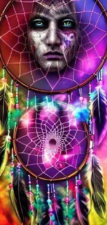 Vibrant dreamcatcher design with feathers on a colorful background.