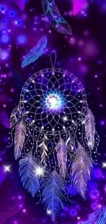 A vibrant dreamcatcher with glowing feathers and stars on a purple background.