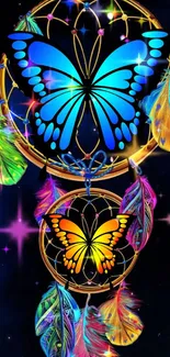 Vibrant butterfly dreamcatcher with vivid feathers on a cosmic background.