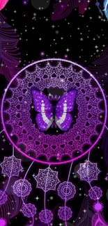 Purple dreamcatcher with butterfly and feathers on a celestial background.