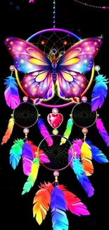 Colorful dreamcatcher with butterfly and feathers on black background.