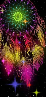 Colorful dreamcatcher with neon feathers on a black starry background.