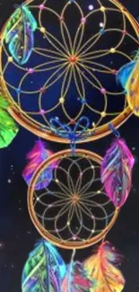 Vibrant dreamcatcher with galaxy backdrop, featuring colorful feathers.