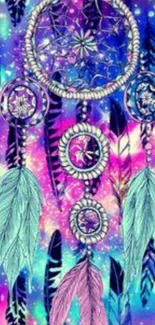 Dreamcatcher with galaxy background and vibrant feathers.