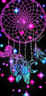 Vibrant neon dreamcatcher with feathers and mystical elements on a black background.