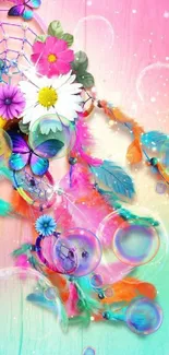 Colorful dreamcatcher with butterflies and flowers on pastel background.